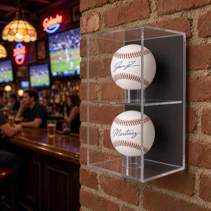 Vertical 2 baseball case on a brick wall in a sports bar