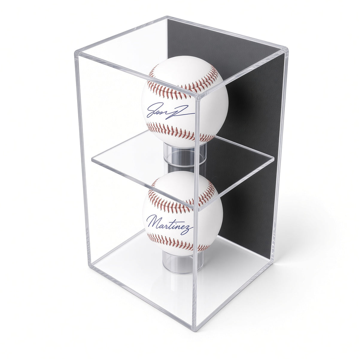 Angled view of two baseballs in the vertical wall case