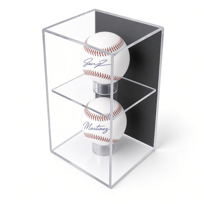 Angled view of two baseballs in the vertical wall case