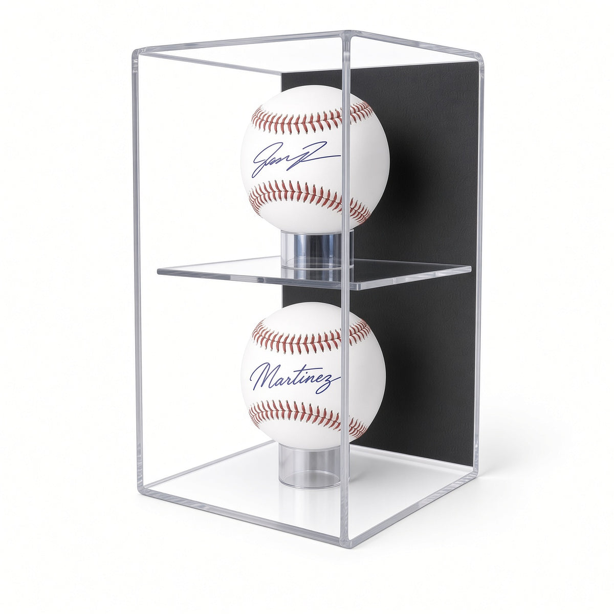 Vertical acrylic wall mount case holding two signed baseballs one above the other