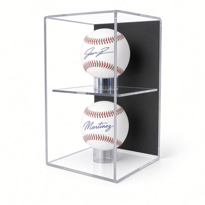 Vertical acrylic wall mount case holding two signed baseballs one above the other