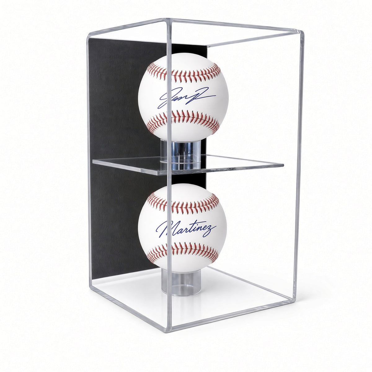 Front view of two signed baseballs in the vertical case
