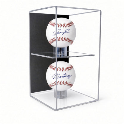 Front view of two signed baseballs in the vertical case