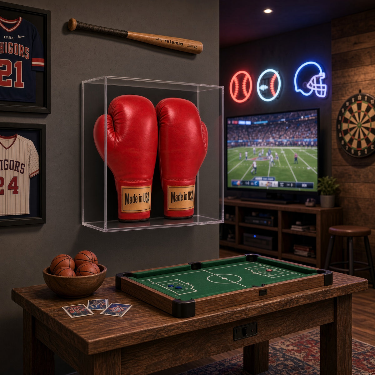 Double boxing glove case above a game table in a sports den