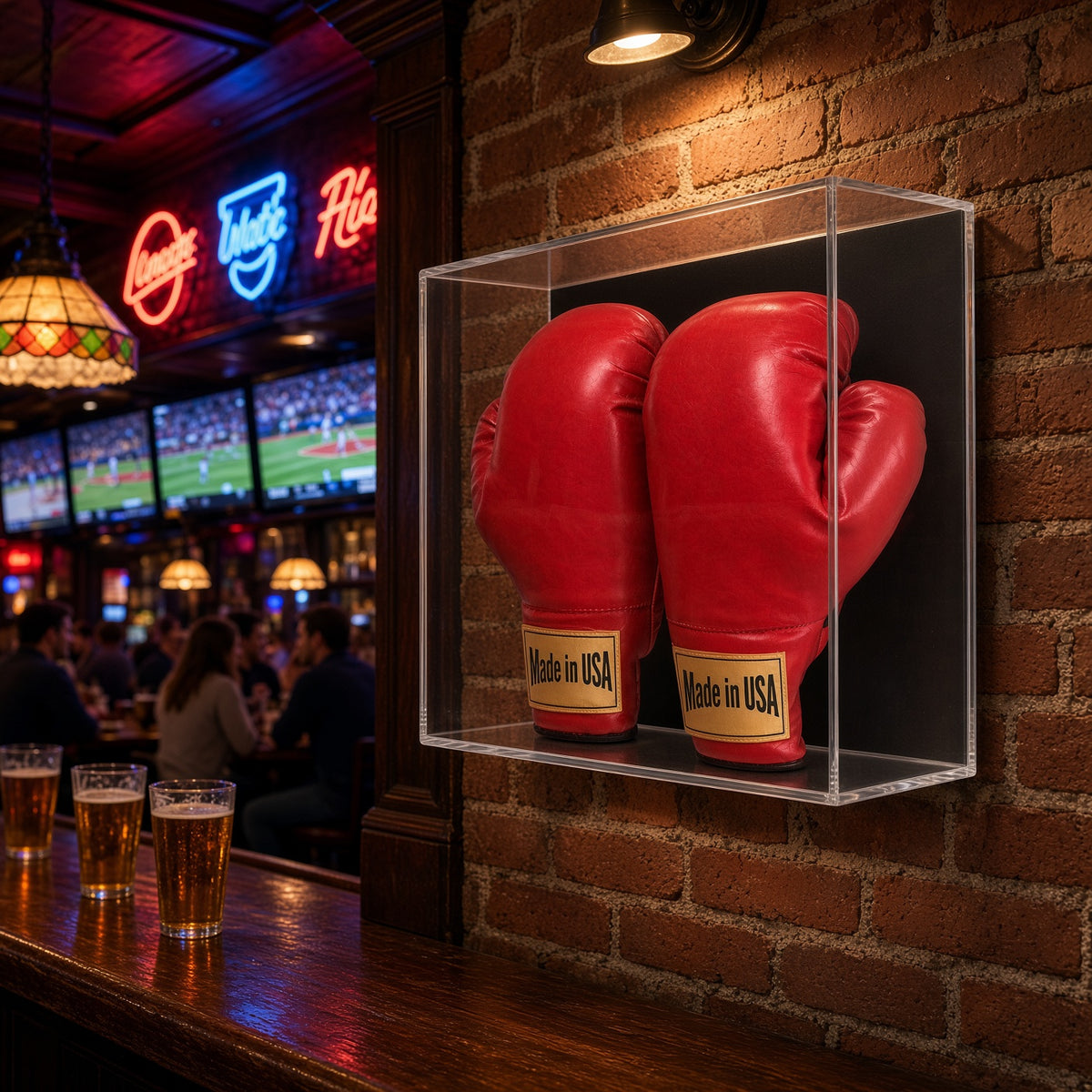 Double boxing glove case on a brick wall in a sports bar