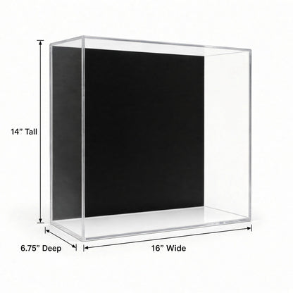 Empty double glove case with 16 inch width, 14 inch height and 6.75 inch depth marked