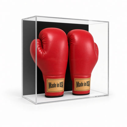 Front view of two red boxing gloves in the case