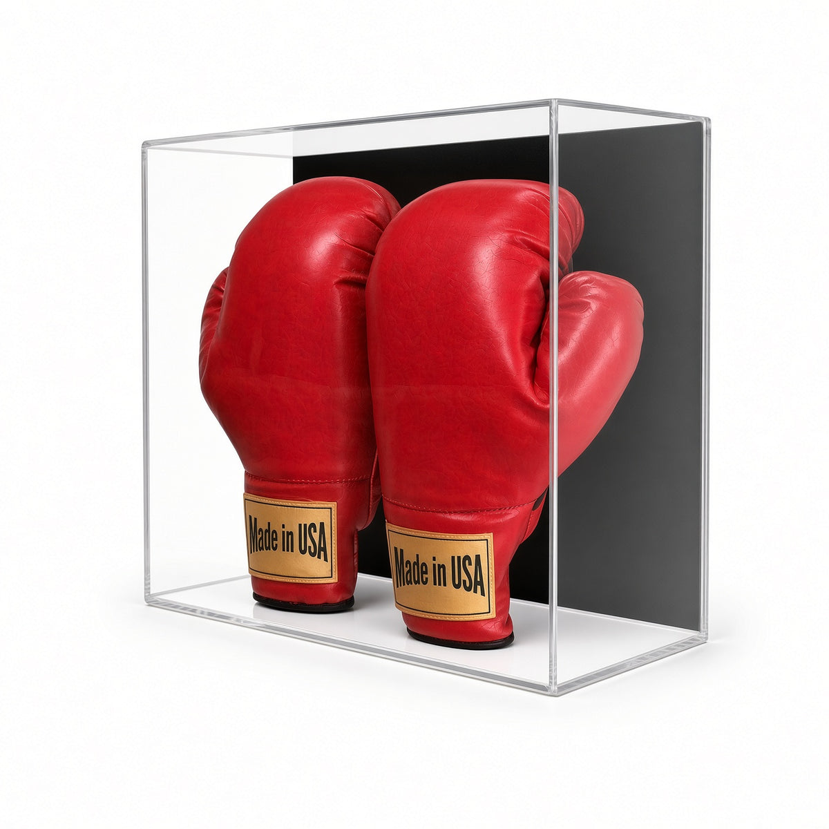 Acrylic wall mount case with a black back holding a pair of red boxing gloves upright