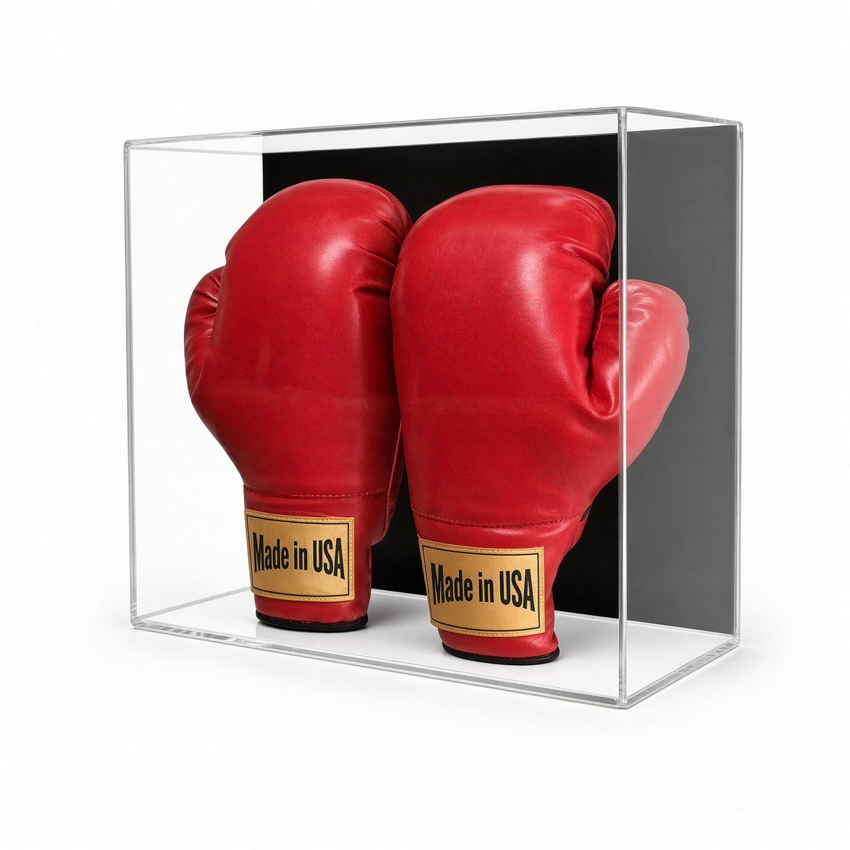 Pair of red boxing gloves standing on tubes inside the case