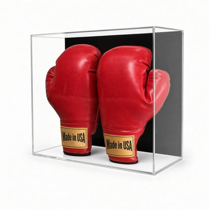 Pair of red boxing gloves standing on tubes inside the case