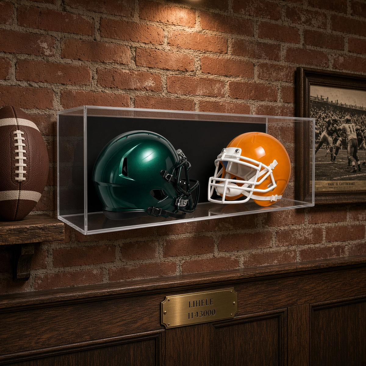 Double mini helmet case on a brick wall above a shelf with a football