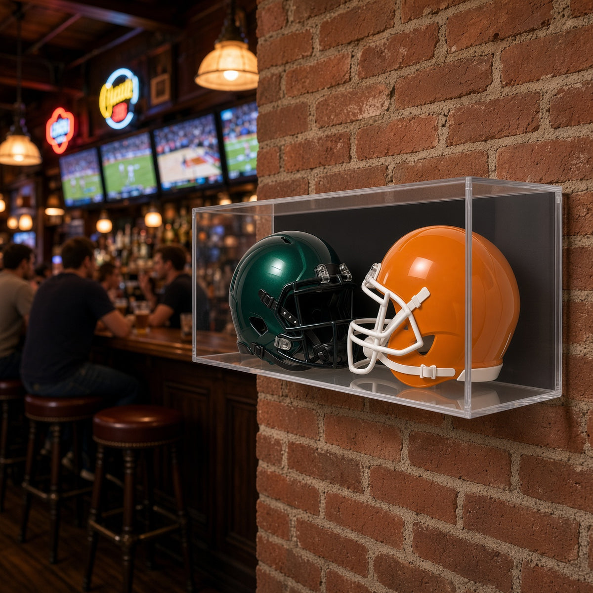 Double mini helmet case on a brick wall in a sports bar