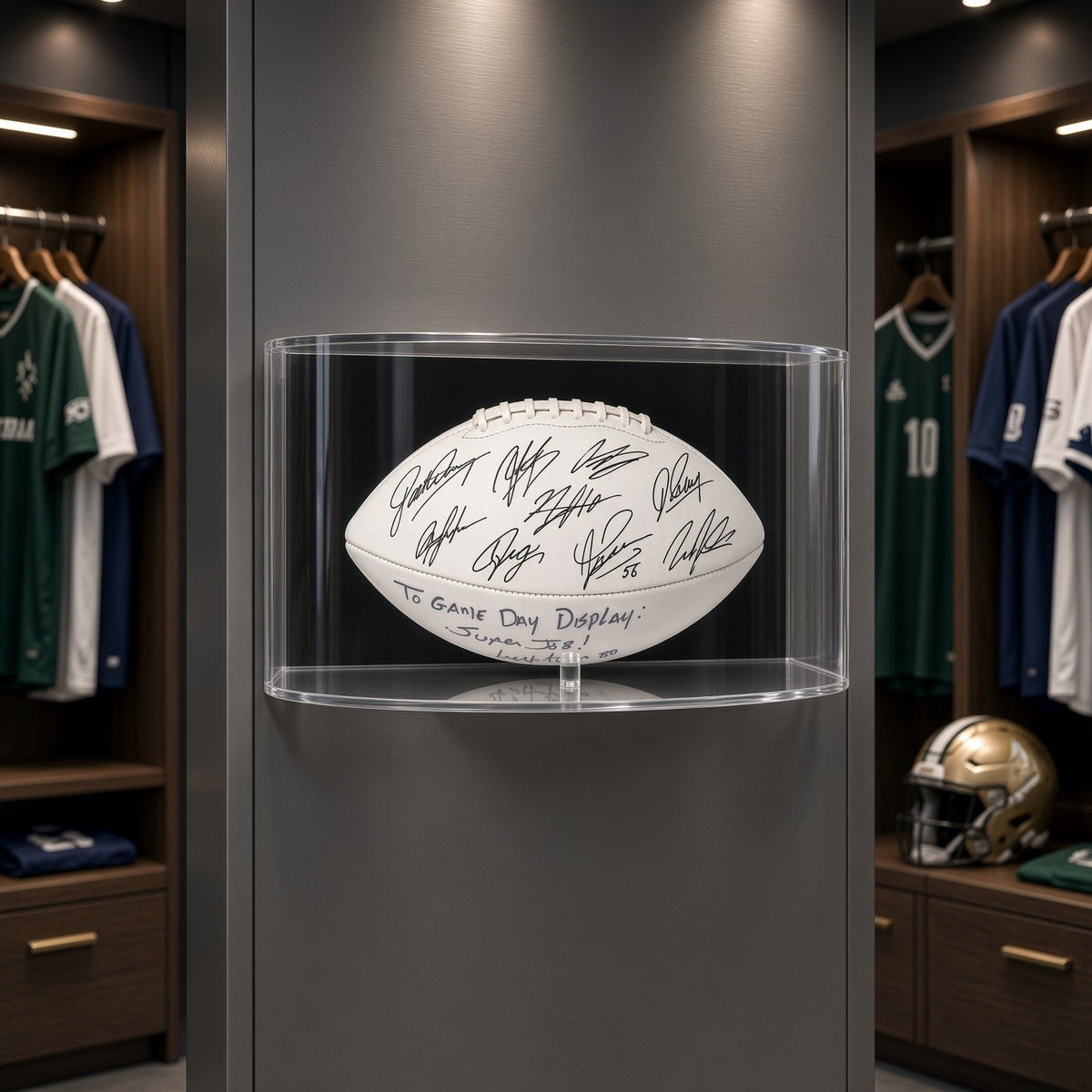 Curved football display case with a signed football in a locker-room style space