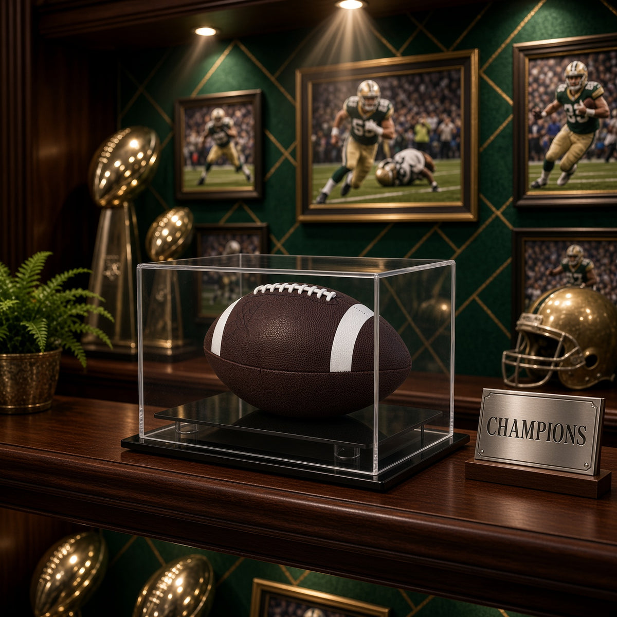 Football table top case on a shelf in a trophy room