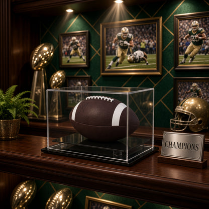 Football table top case on a shelf in a trophy room