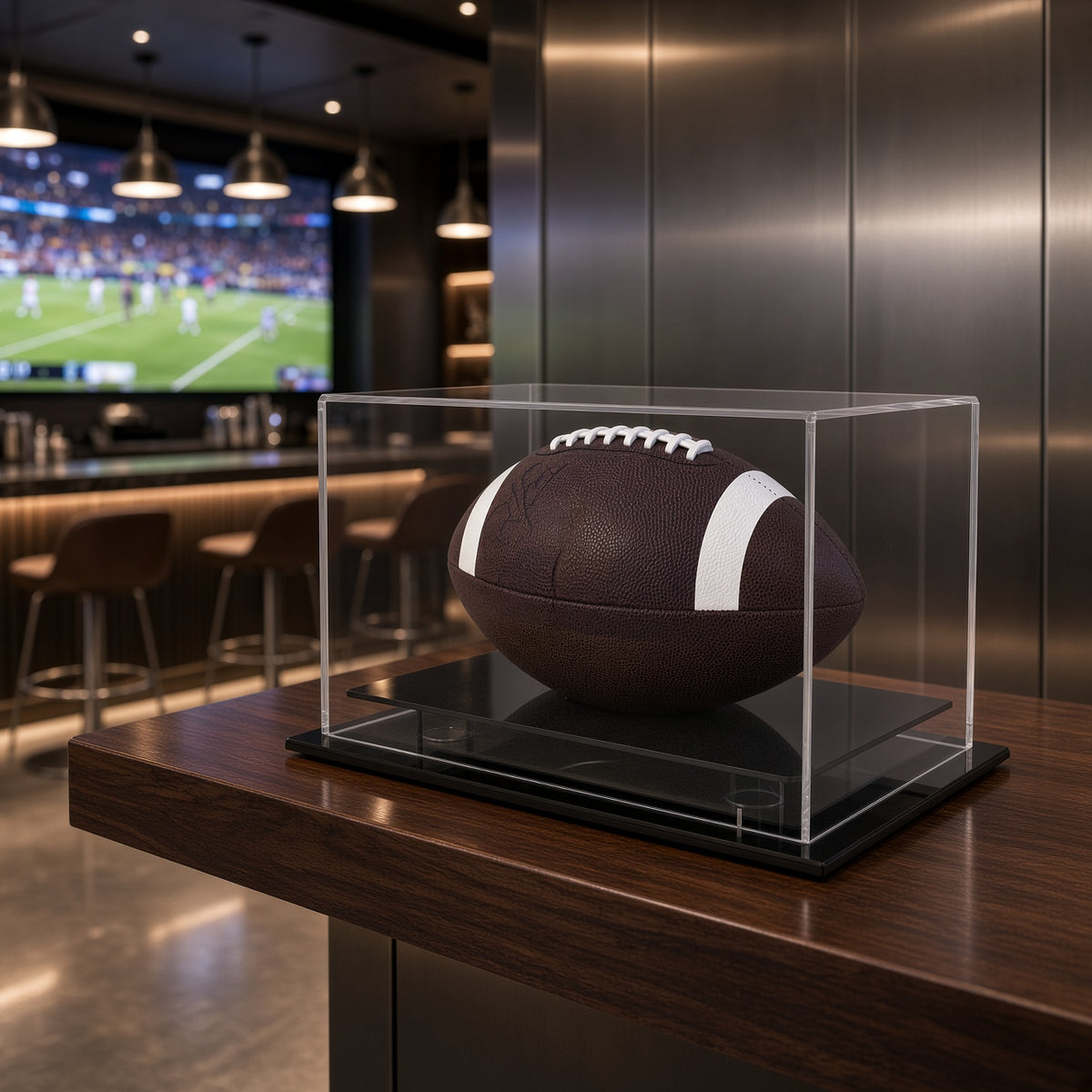Football table top case on a bar counter in a sports bar