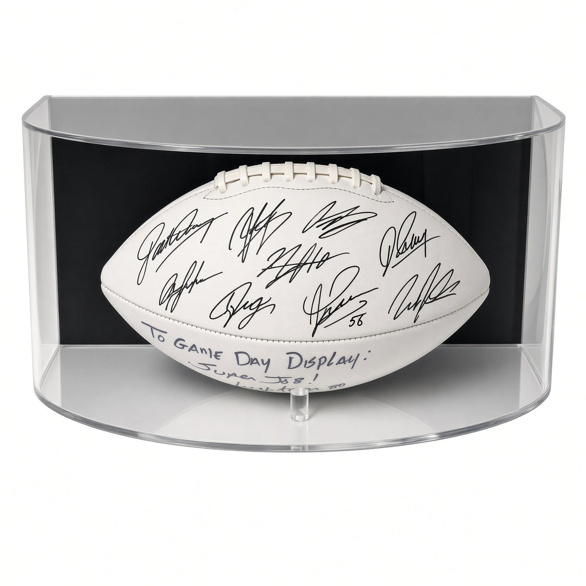 Curved front acrylic wall mount football display case with a football inside