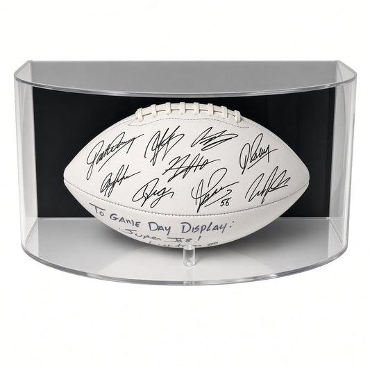 Curved front acrylic wall mount football display case with a football inside