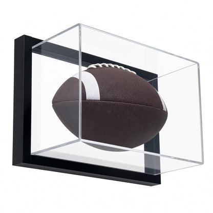 Angled view of a football resting in the framed case