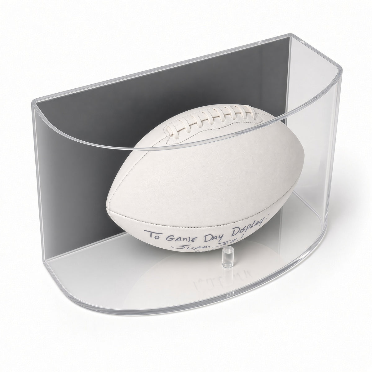 Angled view of a white football in the curved case