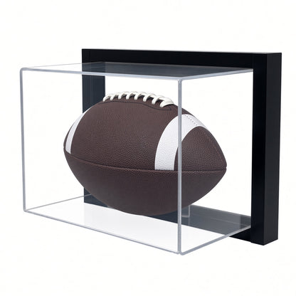 Front view of a full-size football inside the framed case