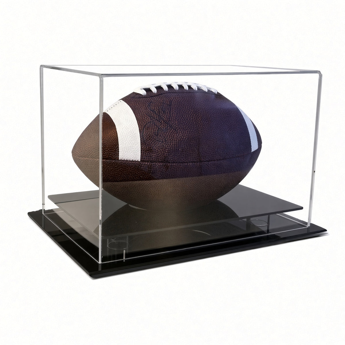 Angled view of a football inside the table top case