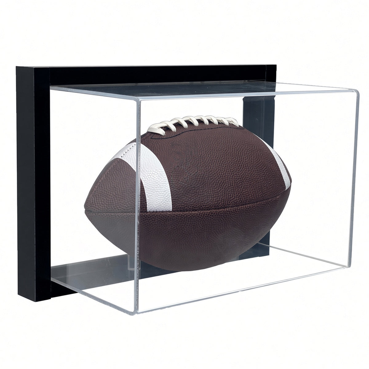Black-framed acrylic wall mount display case holding a full-size football