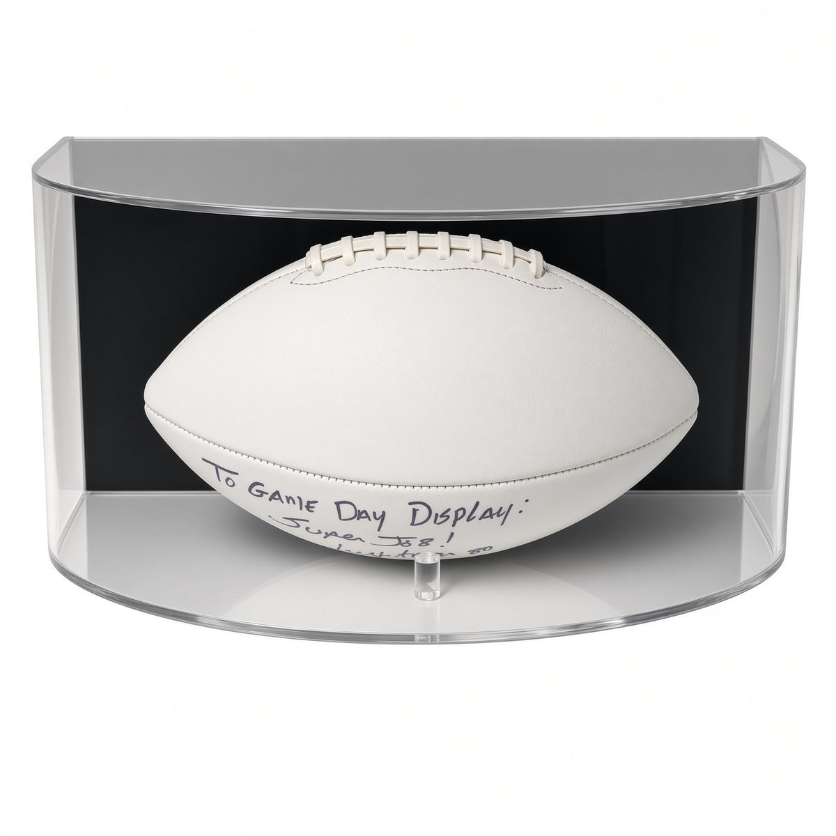 White football inside the curved case against the black backing