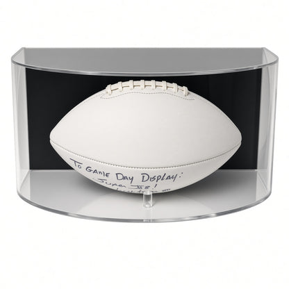 White football inside the curved case against the black backing