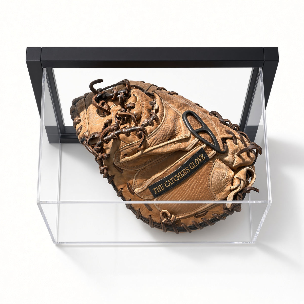 Brown baseball glove inside the clear acrylic cover, shown without the frame