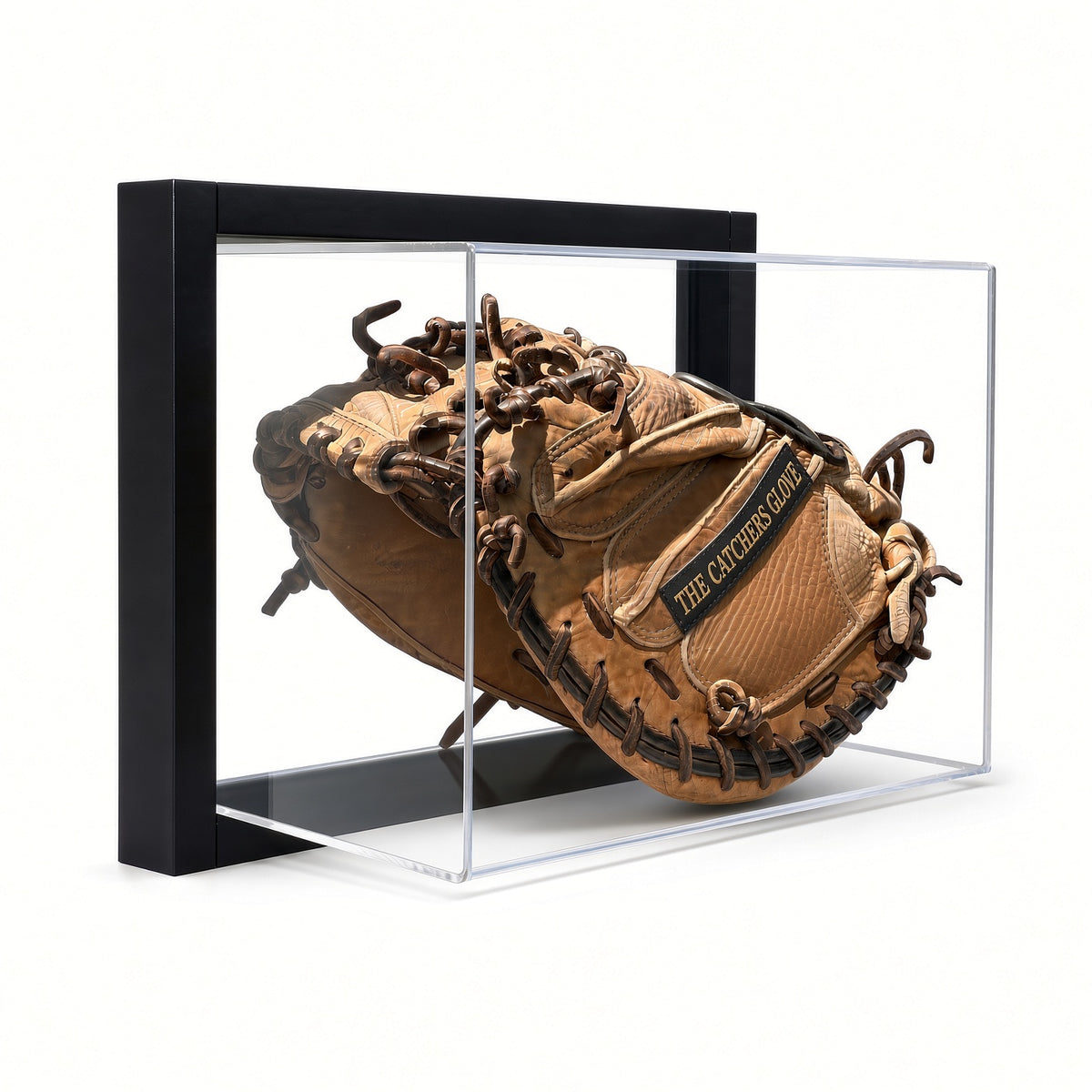 Black-framed acrylic wall mount display case holding a brown baseball glove