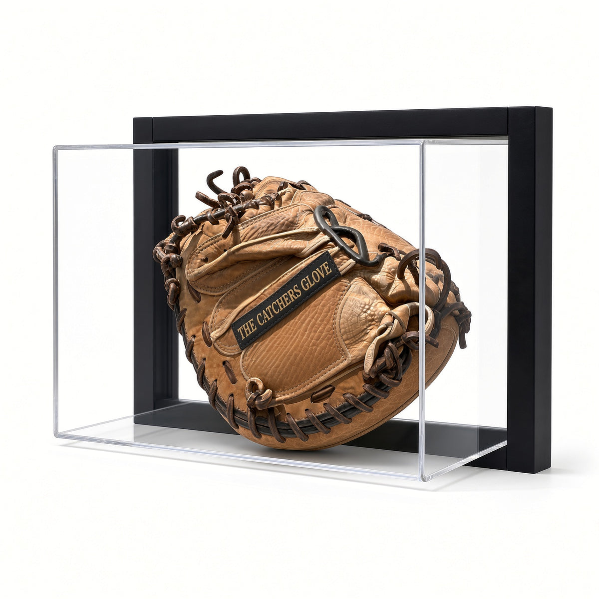 Front view of a baseball glove in the framed case