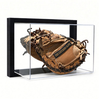 Angled view of the framed baseball glove display case