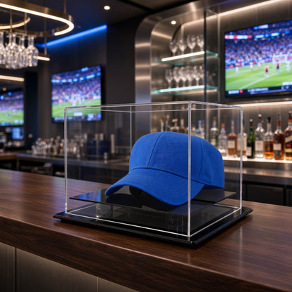 Hat display case on a bar counter in a sports bar