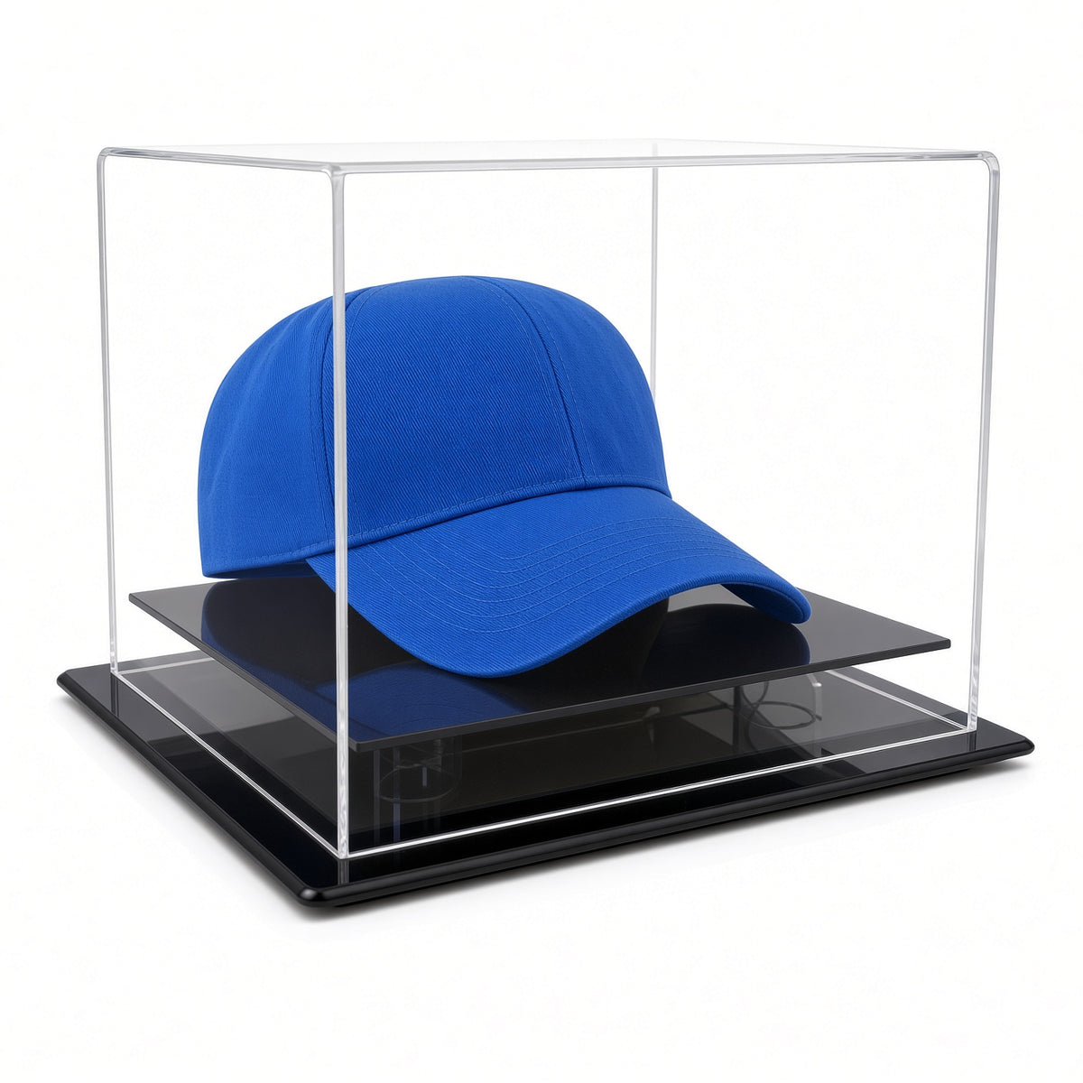 Angled view of a blue cap in the table top case