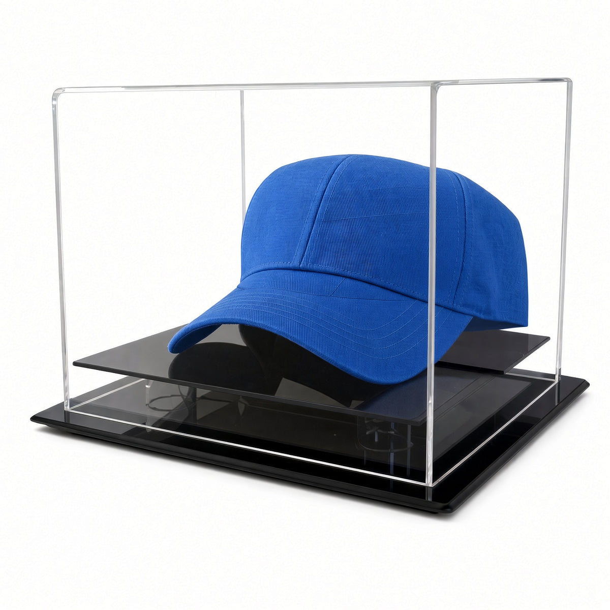 Front view of a blue cap inside the table top case