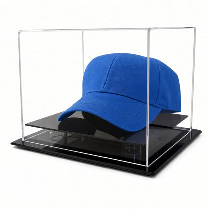 Front view of a blue cap inside the table top case