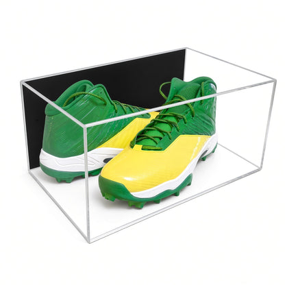 Acrylic wall mount case with a black back holding a pair of green and yellow football cleats