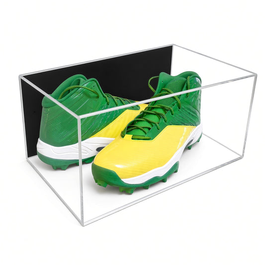 Acrylic wall mount case with a black back holding a pair of green and yellow football cleats