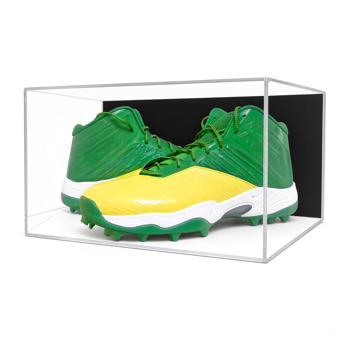 Front view of a pair of cleats inside the wall mount case