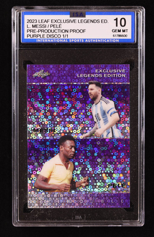 Pele / Lionel Messi 2023 Leaf Exclusive Legends Edition Disco Purple Pre-Production Proof #NNO #1/1 (ISA 10)