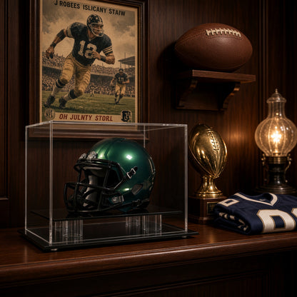 Mini helmet table top case on a shelf in a vintage-style sports den