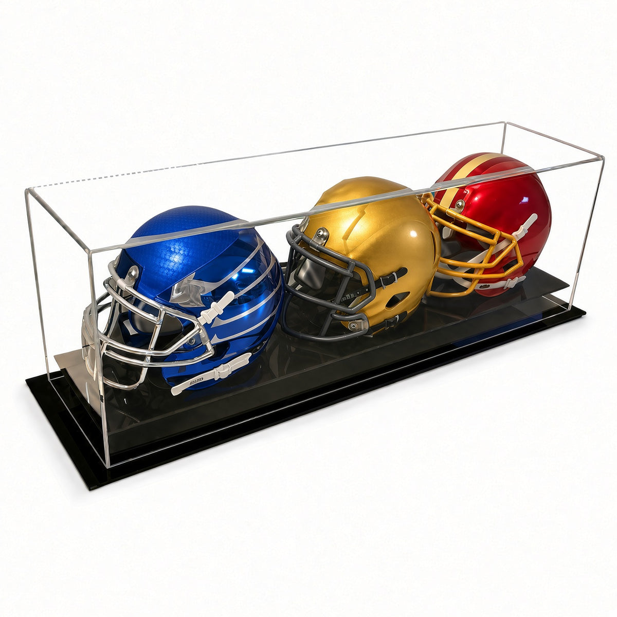 Table top acrylic display case with a black base holding three mini football helmets