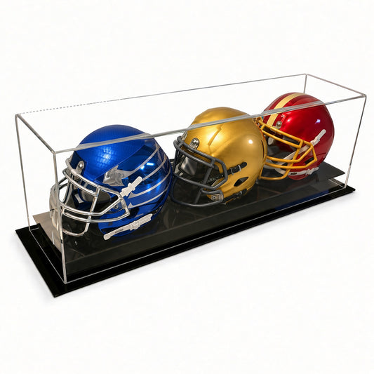 Table top acrylic display case with a black base holding three mini football helmets