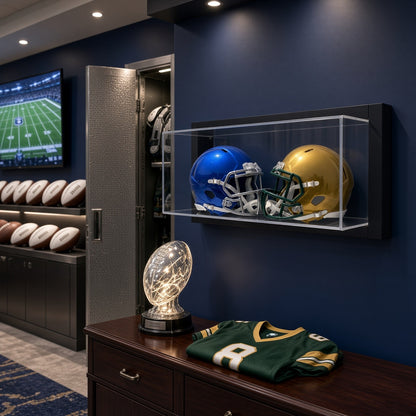 Framed double mini helmet case mounted in a navy blue sports room