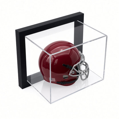Black-framed acrylic wall mount case holding a red mini football helmet