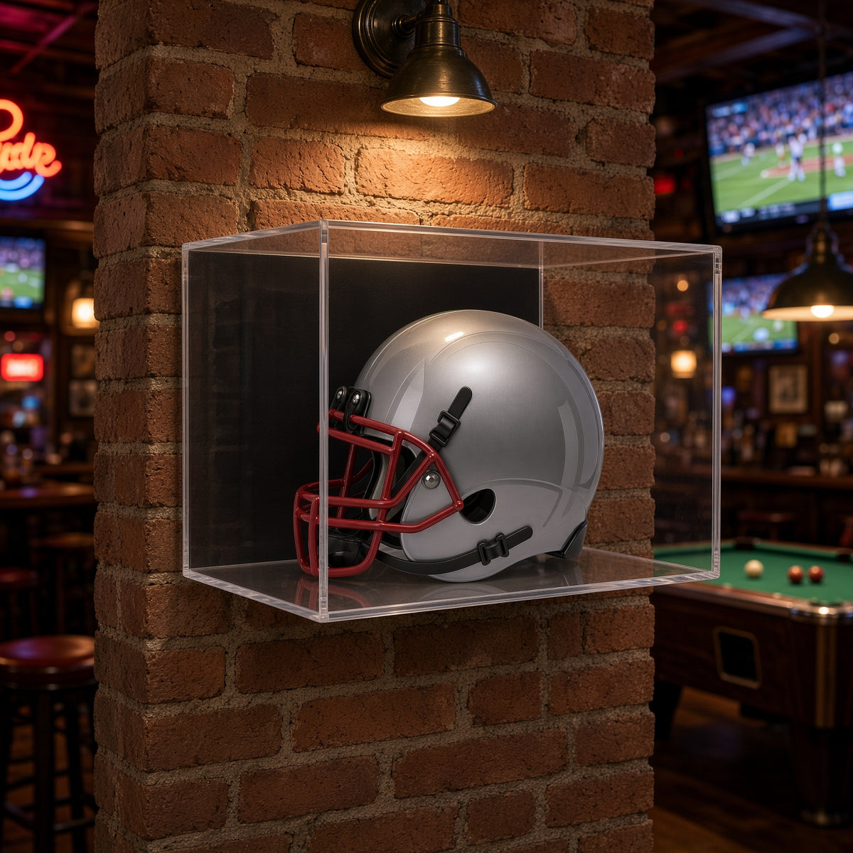 Mini helmet case on a brick wall in a sports bar