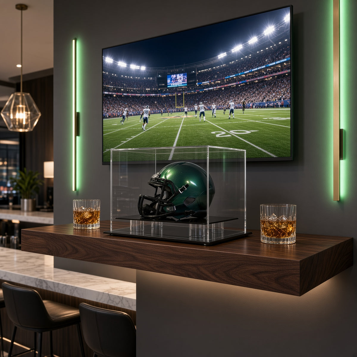 Mini helmet case on a bar counter under a green-lit TV wall
