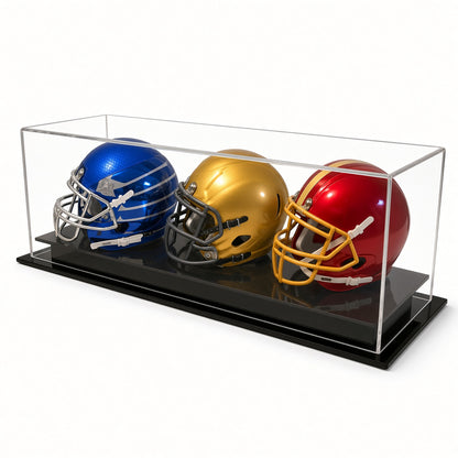 Front view of blue, gold and red mini helmets in the triple case