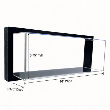 Empty framed double mini helmet case with 5.75 inch height, 5.375 inch depth and 16 inch width marked